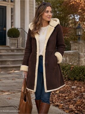 Genuine shearling chocolate brown mid-length coat size small